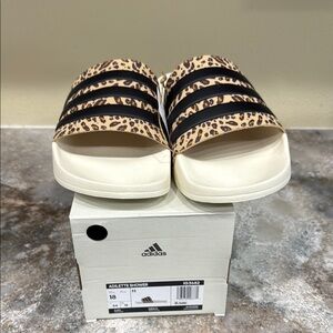 Adidas Leopard Pattern Slides with Black Stripes